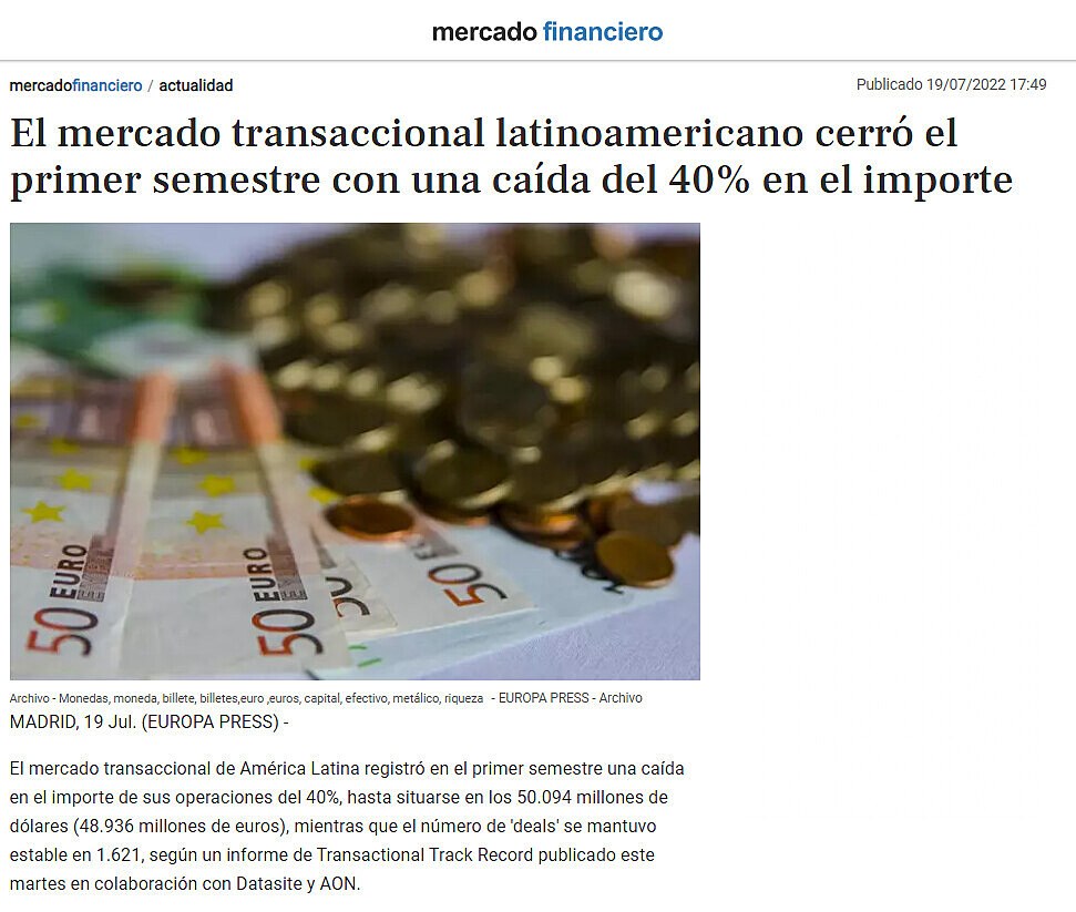 El mercado transaccional latinoamericano cerr el primer semestre con una cada del 40% en el importe